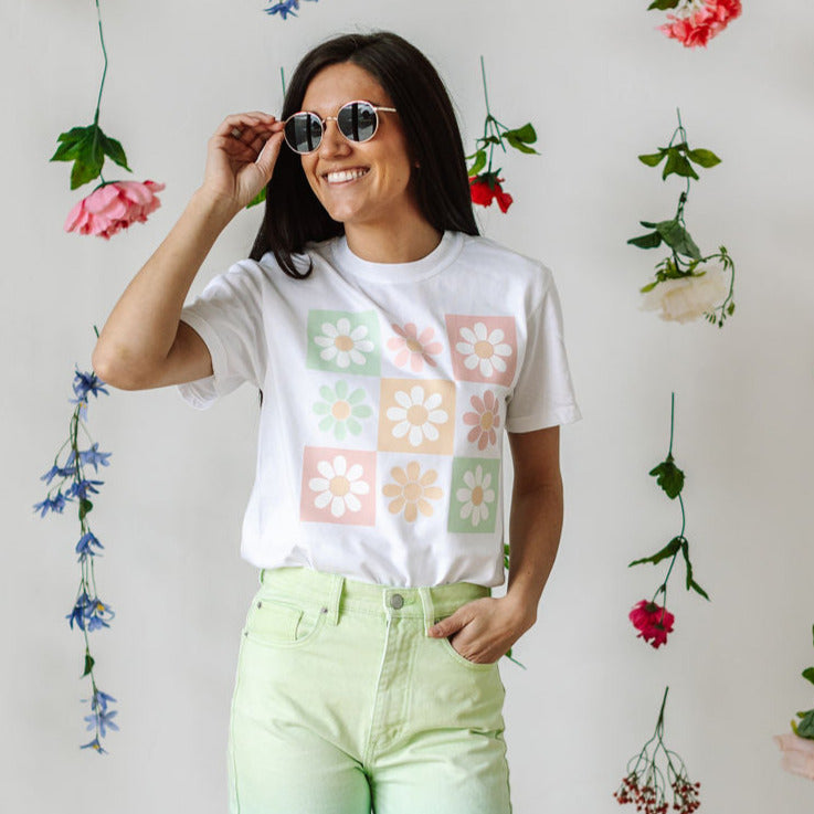 3x3 Checker Board Flowers - Comfort Colors Tee Little Mama Shirt Shop