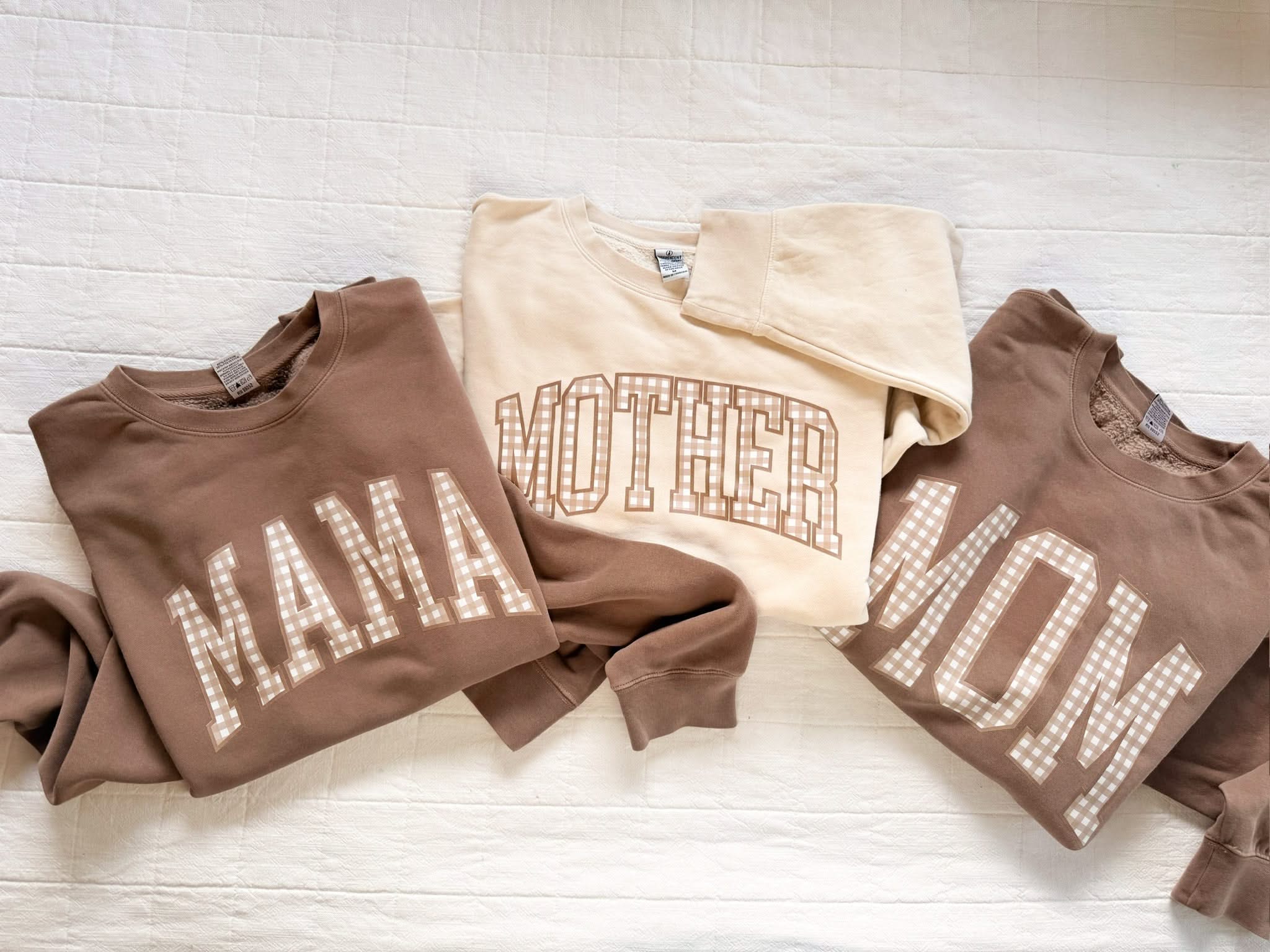 Choose Your Mom Name - Brown Gingham Print - Pigment Crewneck Sweatshirt | Little Mama Shirt Shop Little Mama Shirt