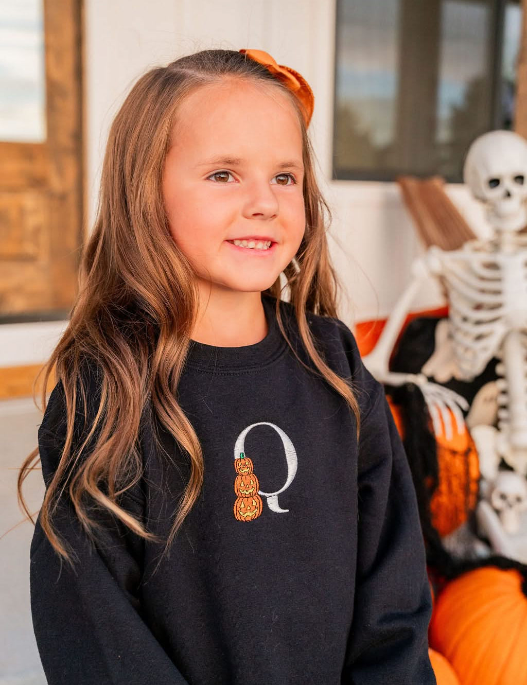 Personalized Halloween Embroidered Initial Child Crewneck | Kids Halloween Sweatshirt Little Mama Shirt
