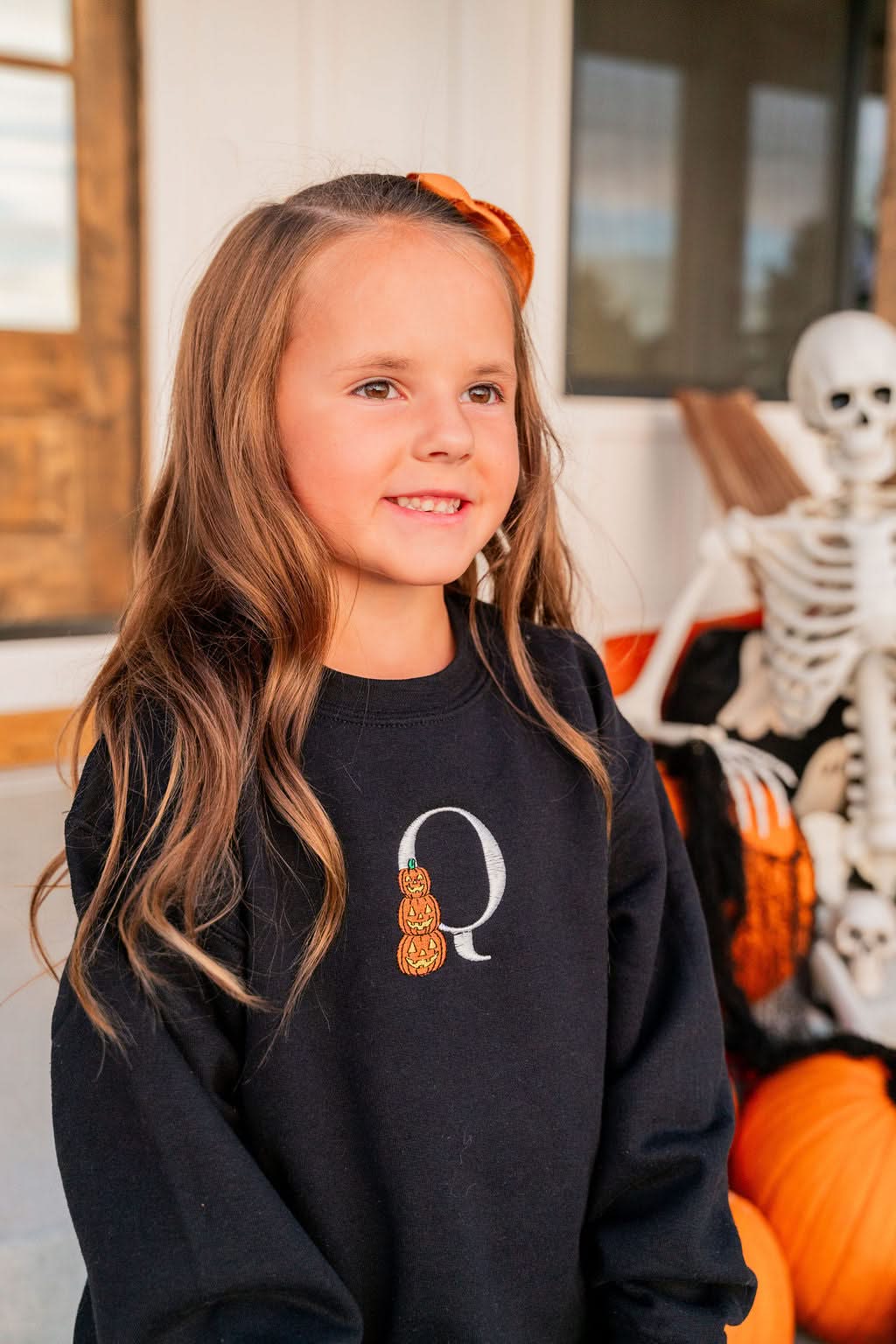 Personalized Halloween Embroidered Initial Child Crewneck | Kids Halloween Sweatshirt Little Mama Shirt