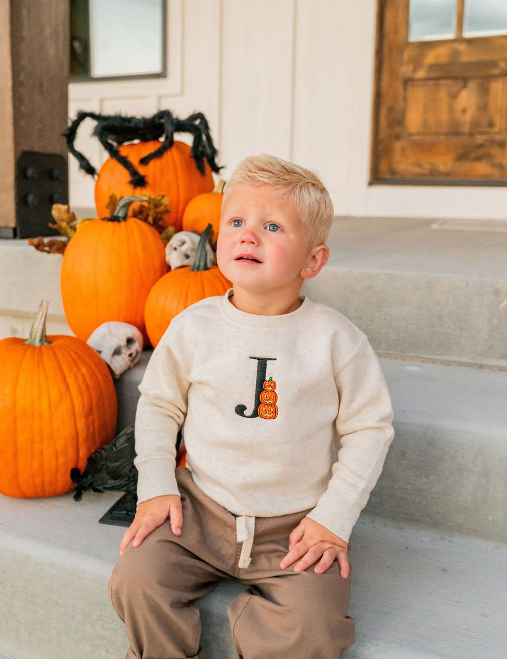 Personalized Halloween Embroidered Initial Child Crewneck | Kids Halloween Sweatshirt Little Mama Shirt