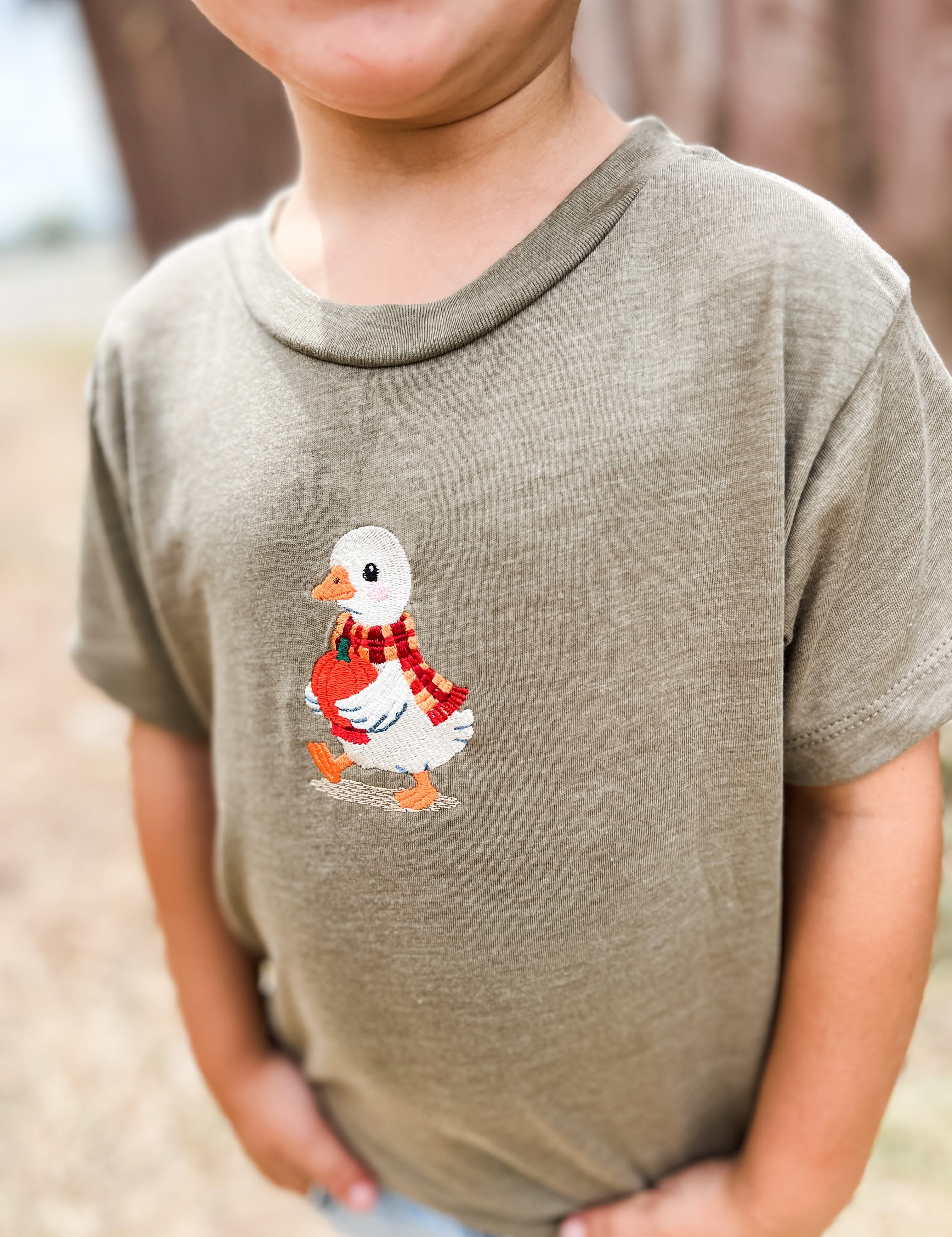 Autumn Duck with Pumpkin | Child Embroidered Tee | Kids Fall Shirt Little Mama Shirt