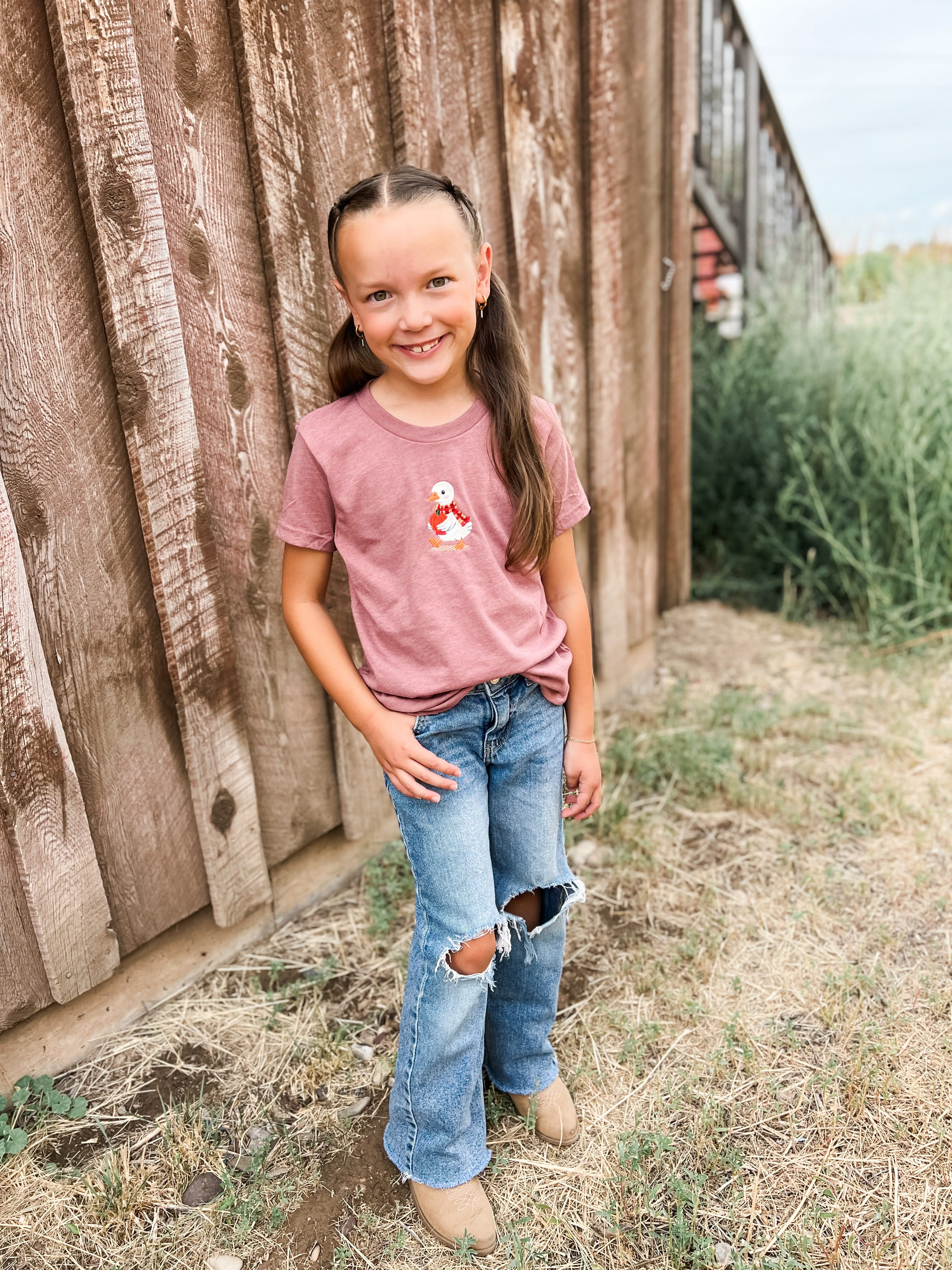 Autumn Duck with Pumpkin | Child Embroidered Tee | Kids Fall Shirt Little Mama Shirt