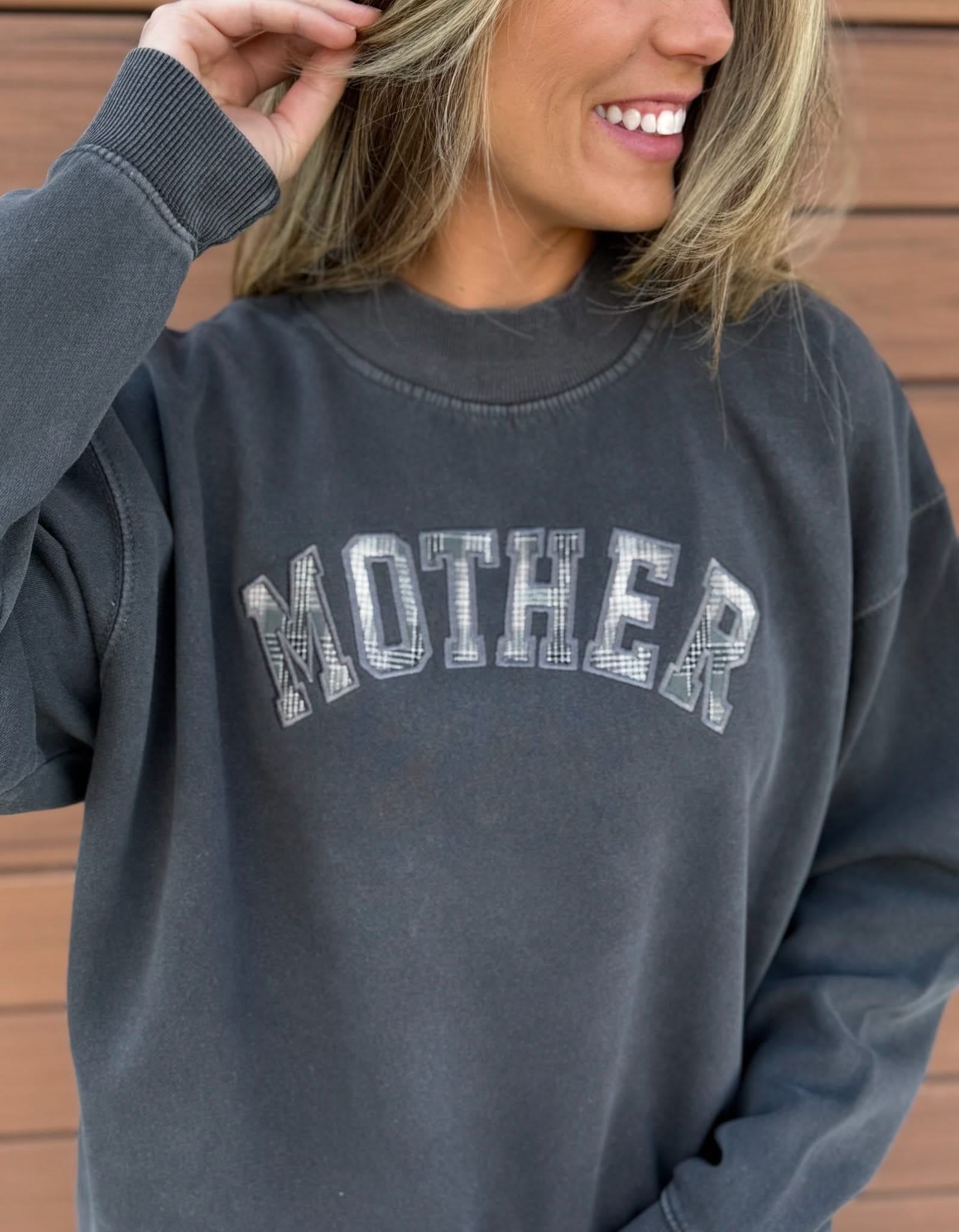 'Mother' Mock-neck | Sage Plaid Applique Embroidery | Fall Sweater Little Mama Shirt