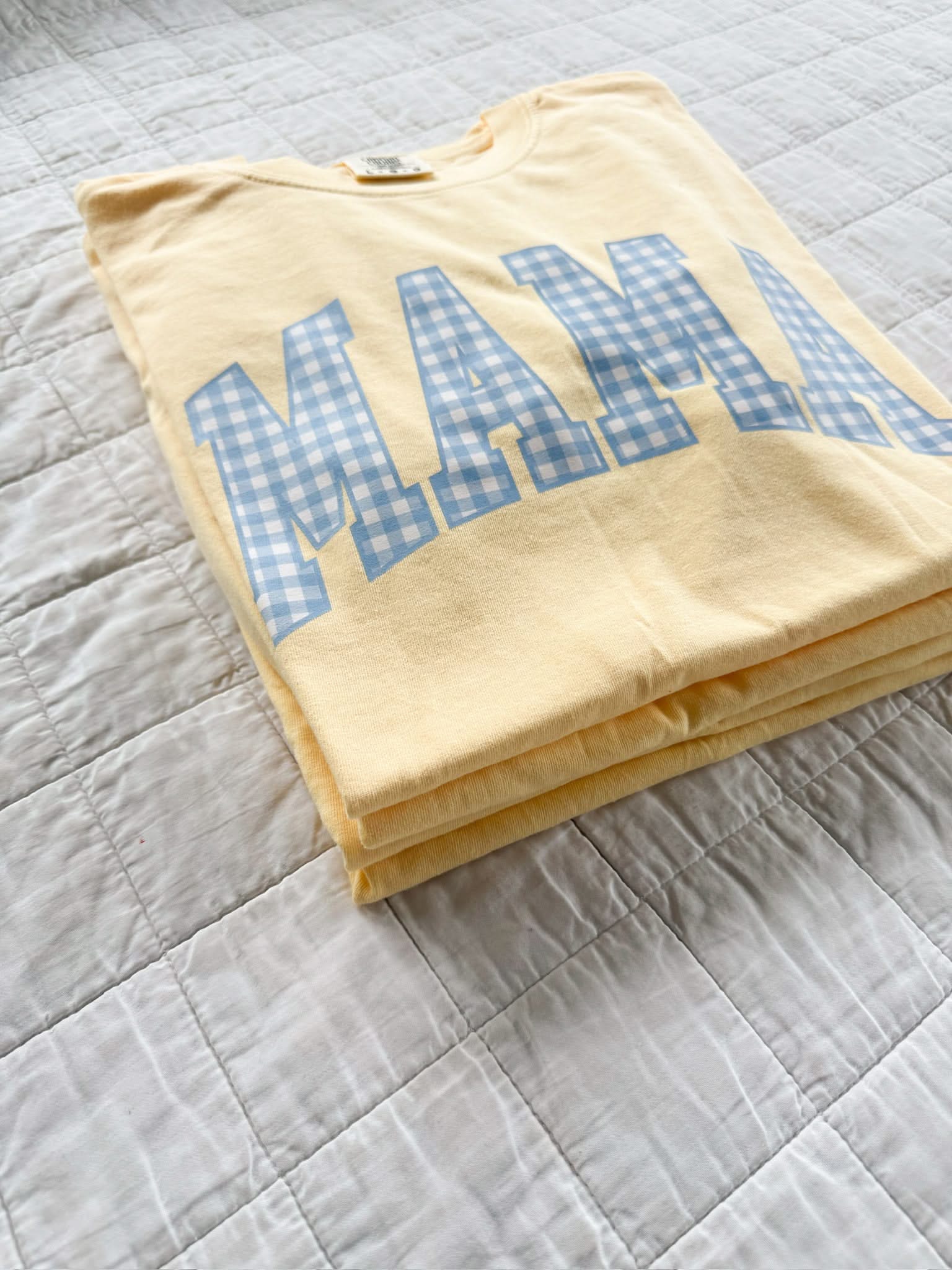 MOM/MAMA/MOTHER/MOM ERA - Blue Gingham Print - Butter Yellow Comfort Colors Tee Little Mama Shirt