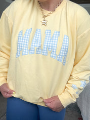 MOM/MAMA/MOTHER/MOM ERA - Blue Gingham Print - Butter Yellow Comfort Colors Crewneck Sweatshirt Little Mama Shirt