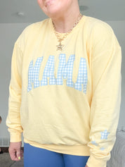 MOM/MAMA/MOTHER/MOM ERA - Blue Gingham Print - Butter Yellow Comfort Colors Crewneck Sweatshirt Little Mama Shirt