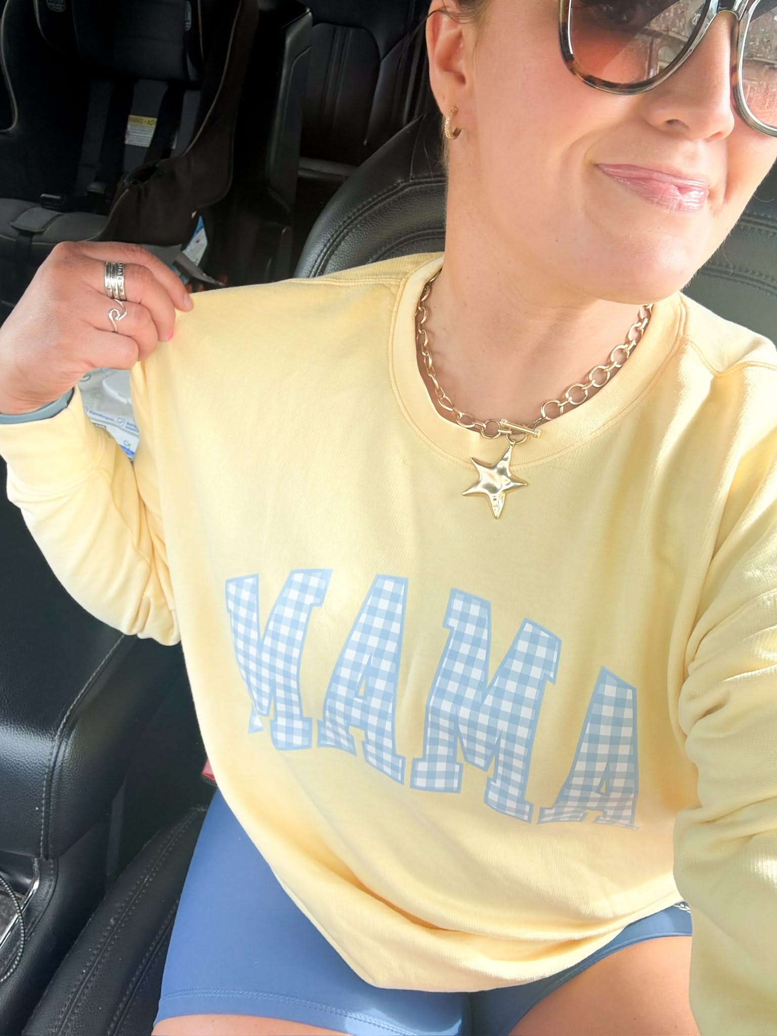 Choose Your Mom Name - Blue Gingham Print - Butter Yellow Comfort Colors Crewneck Sweatshirt Little Mama Shirt