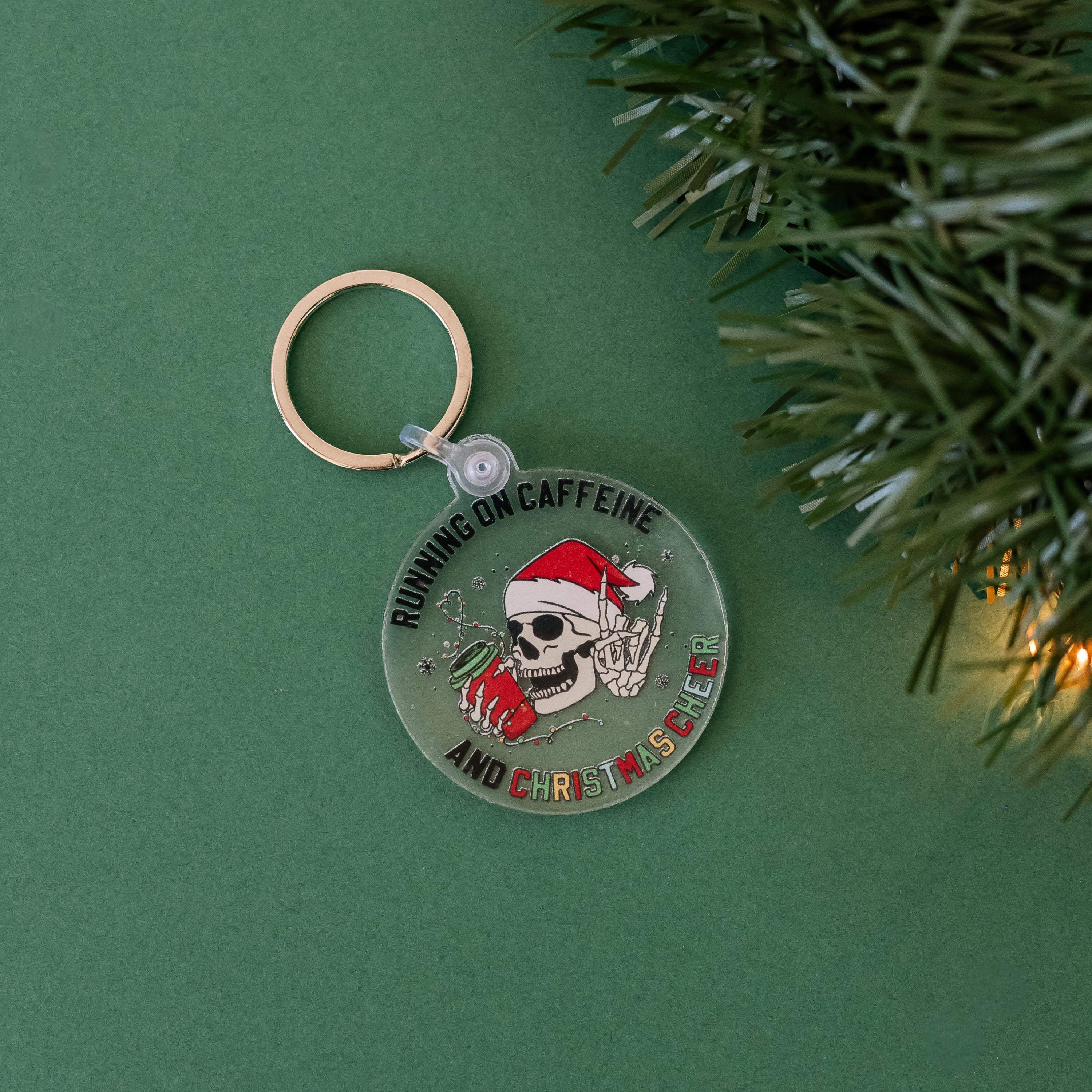 Christmas Keychain - Running on Caffeine and Christmas Cheer Little Mama Shirt Shop