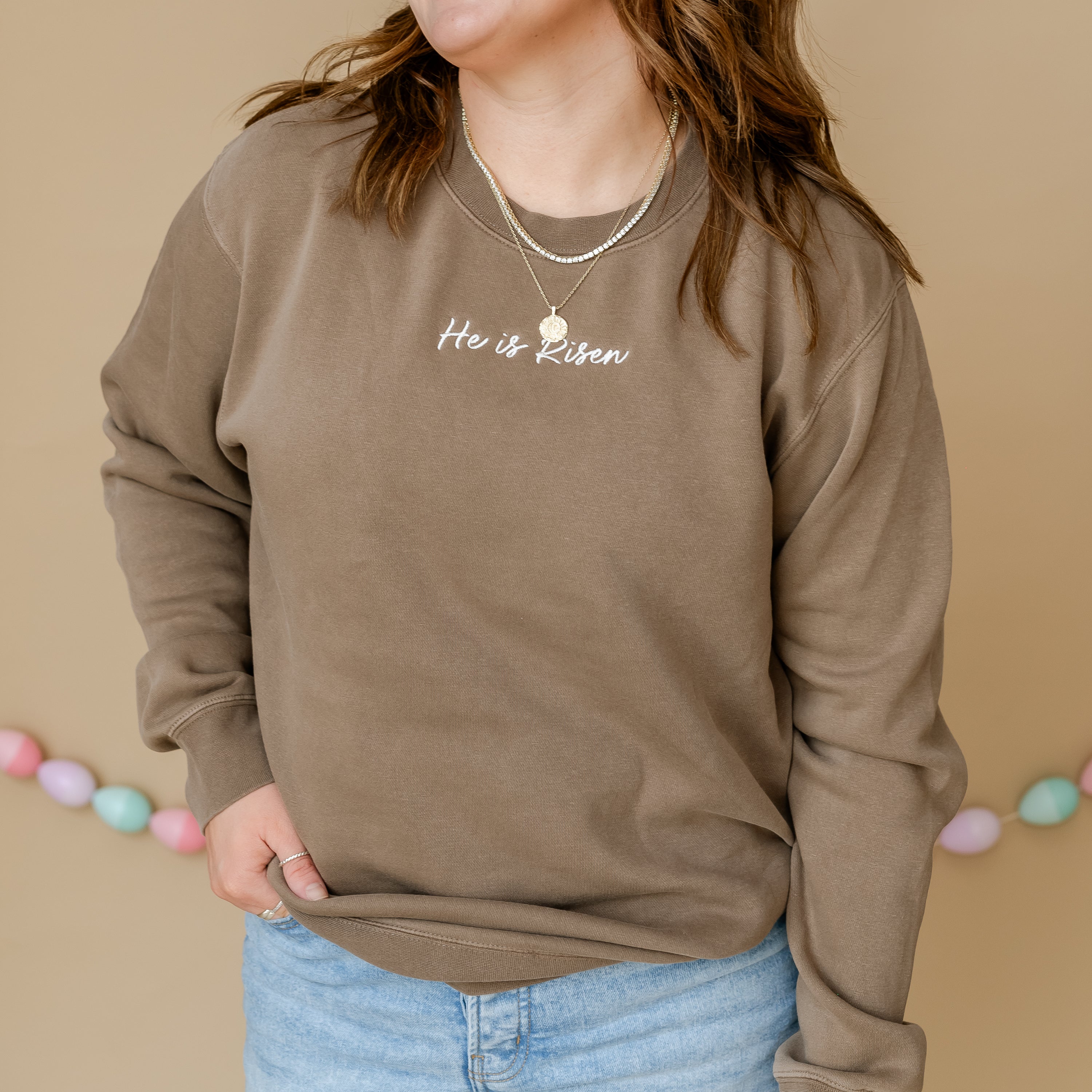 Embroidered PIGMENT Crewneck - He Is Risen Little Mama Shirt