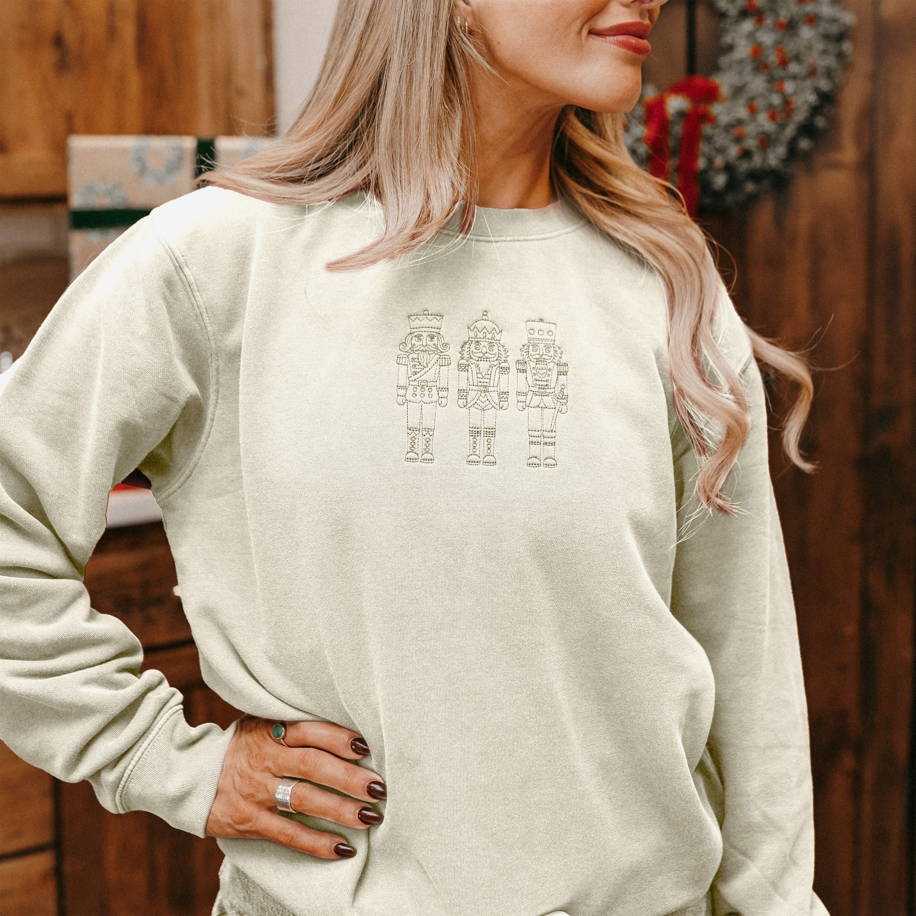 3 Nutcrackers Tone on Tone Embroidered Pigment Crewneck – Classic Holiday Sweatshirt | Little Mama Shirt Shop Little Mama Shirt