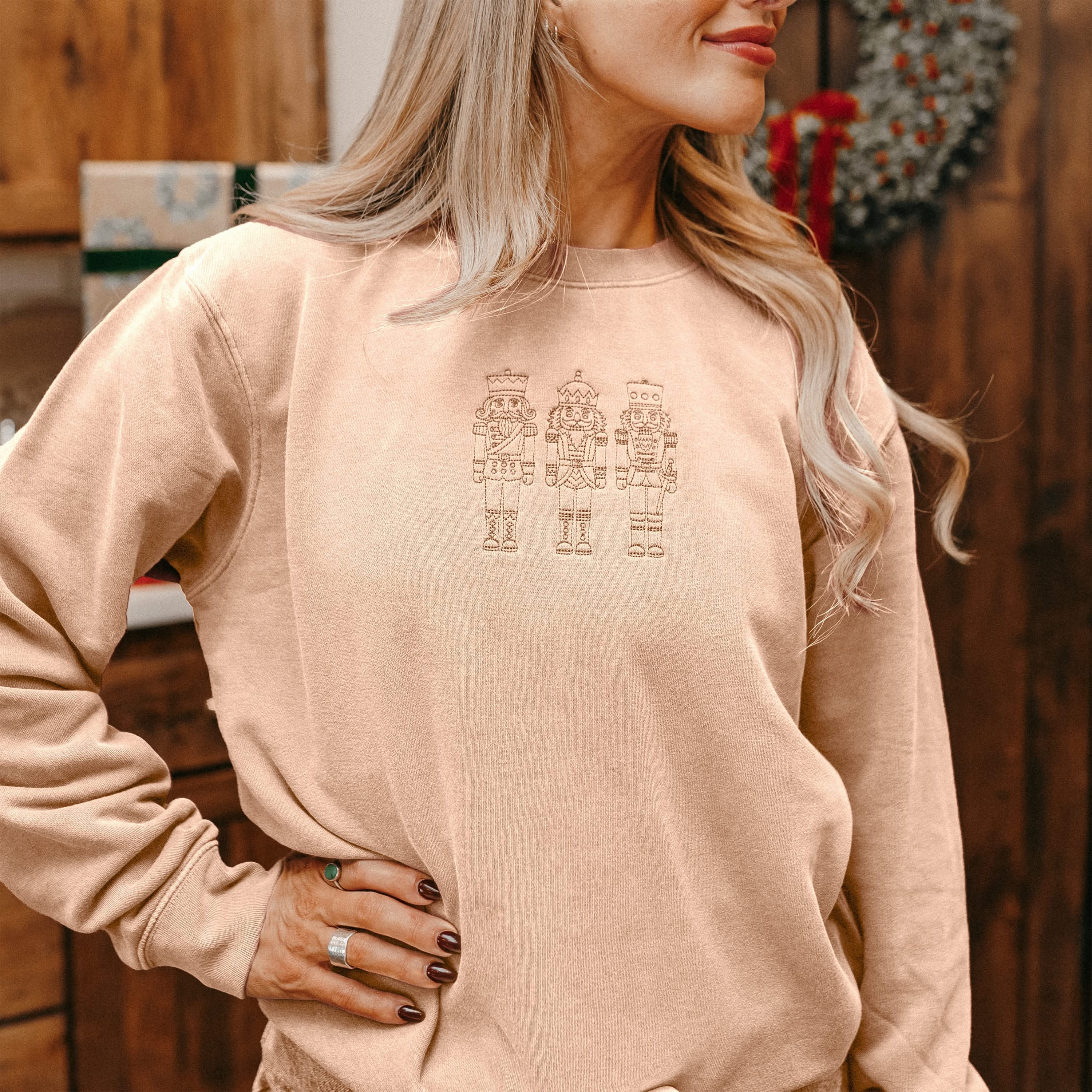 3 Nutcrackers Tone on Tone Embroidered Pigment Crewneck – Classic Holiday Sweatshirt | Little Mama Shirt Shop Little Mama Shirt