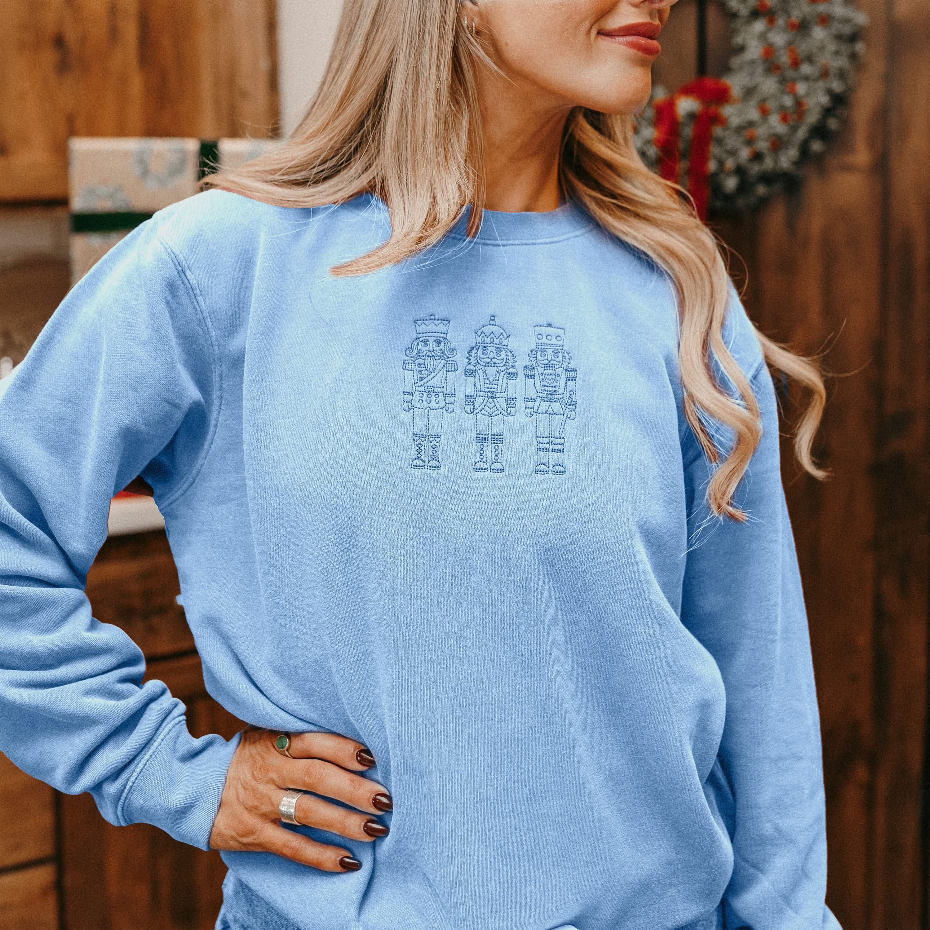 3 Nutcrackers Tone on Tone Embroidered Pigment Crewneck – Classic Holiday Sweatshirt | Little Mama Shirt Shop Little Mama Shirt