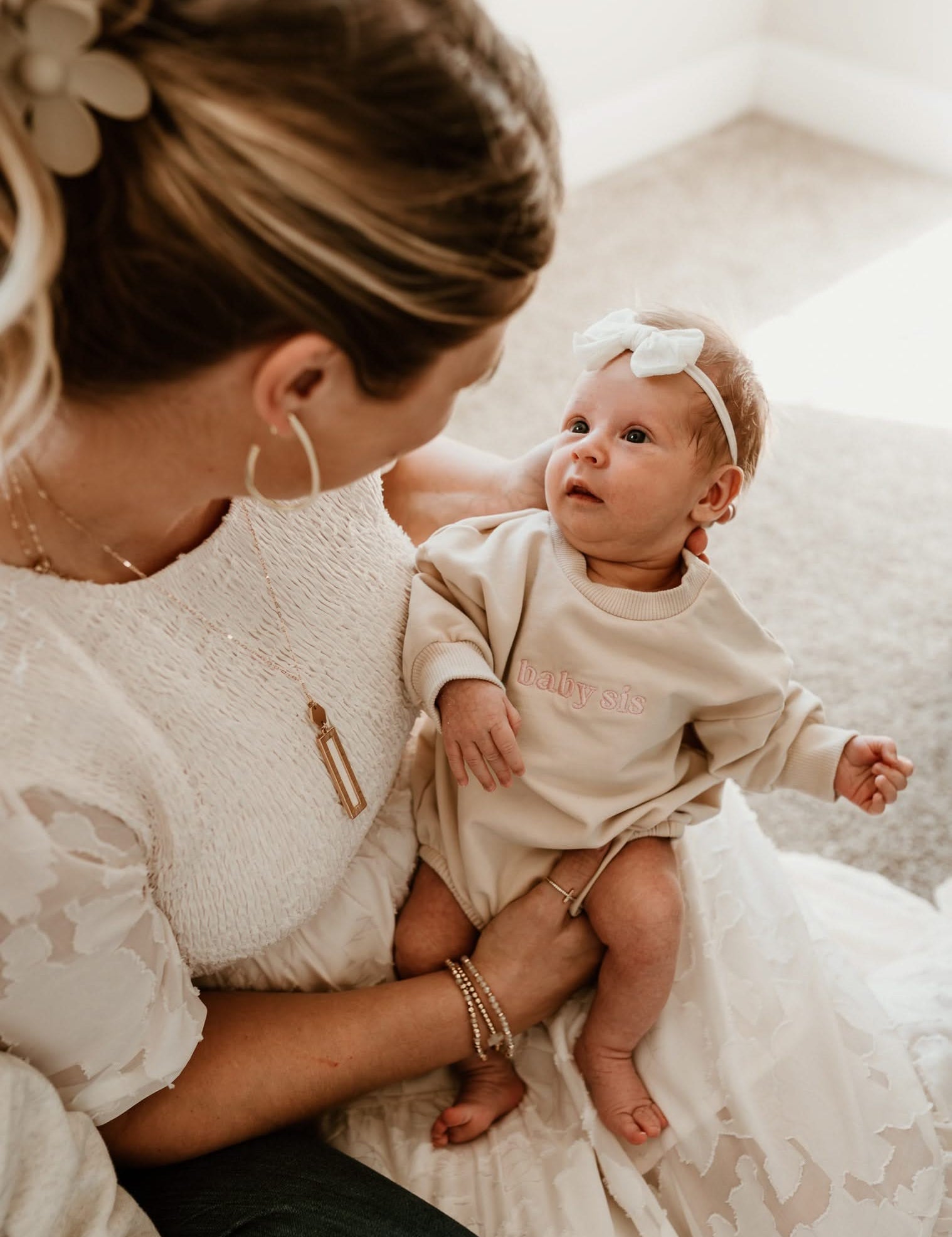  Baby Bro – Embroidered Cream Bubble Romper | Pink or Blue Thread Little Mama Shirt