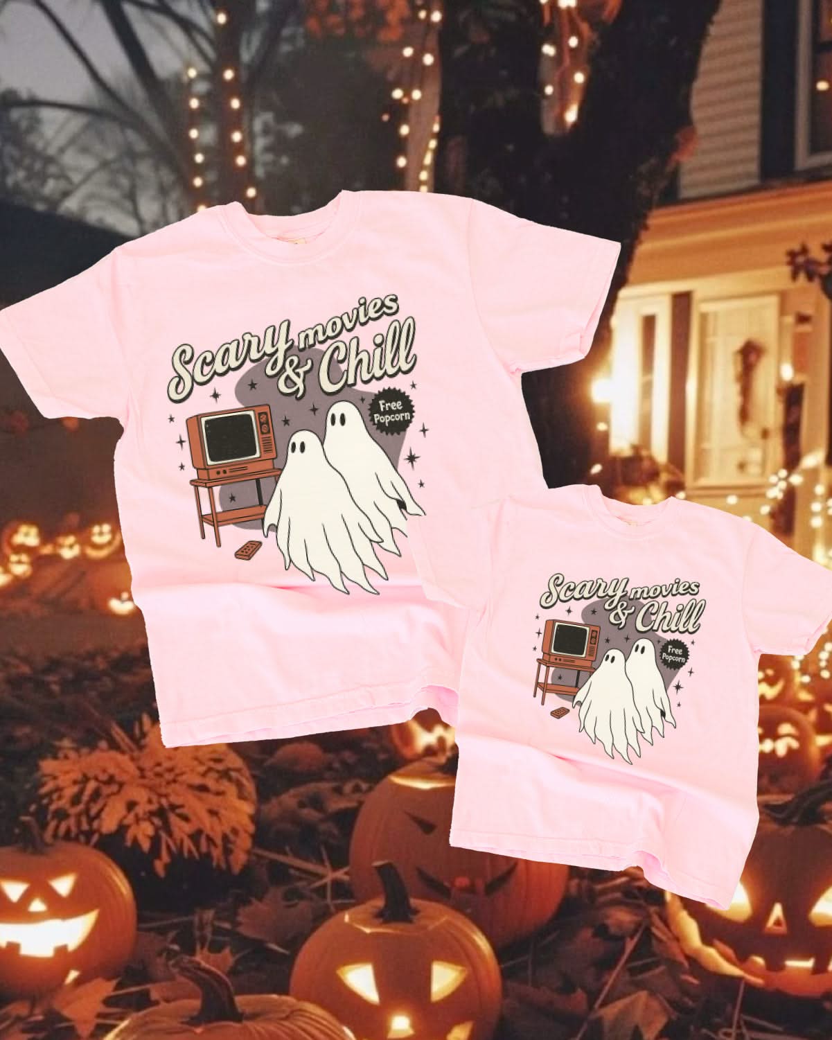 Scary Movies and Chill - Set of 2 Matching Comfort Colors Tees Little Mama Shirt Shop
